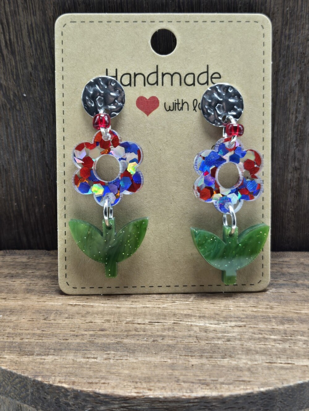 NWT Sparkle USA Flower Earrings Pierced Silver Tone Glass Bead Cottagecore OOAK